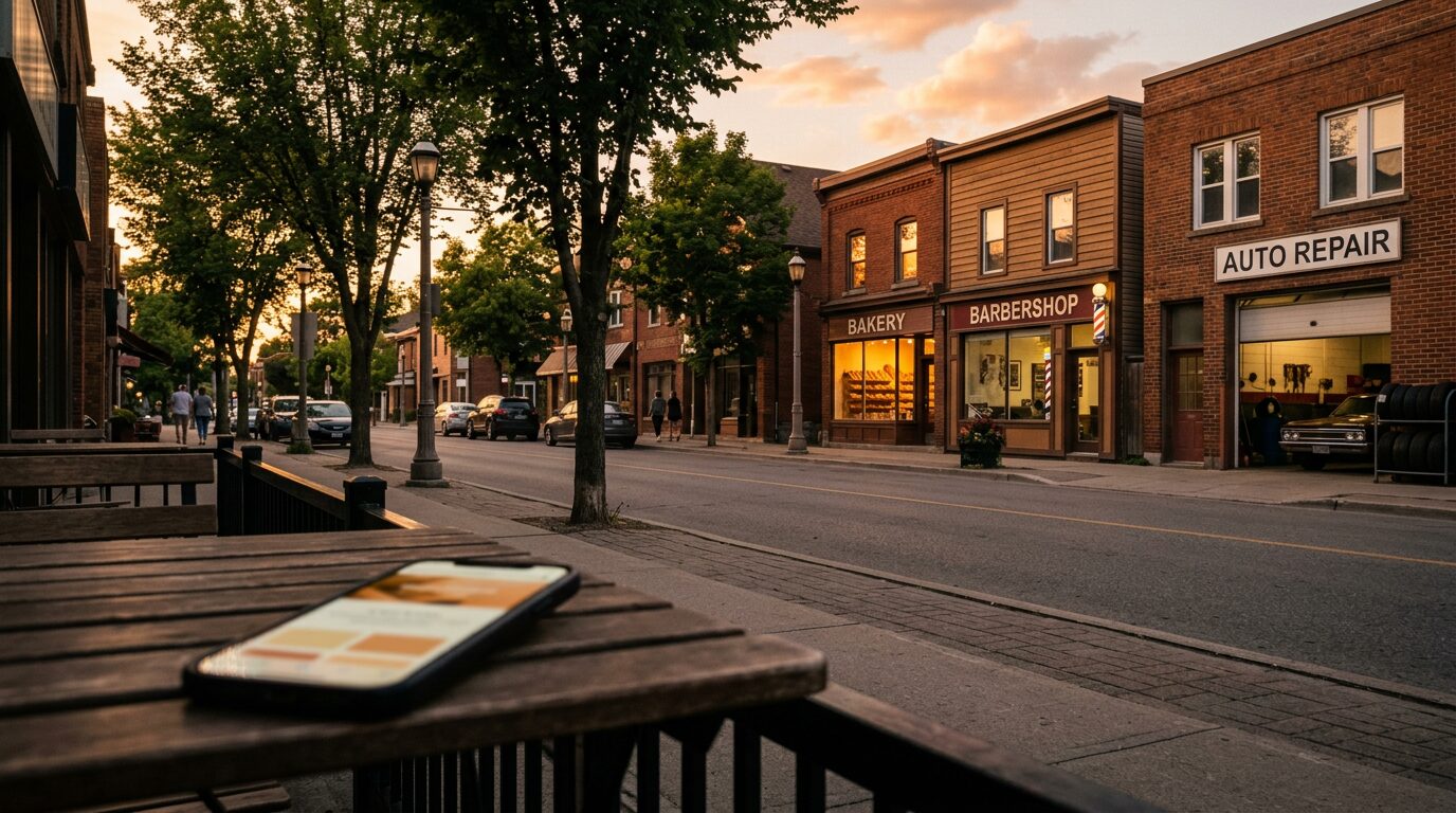 A local main street with a bakery, barbershop and auto repair shop at golden hour, a phone on a table